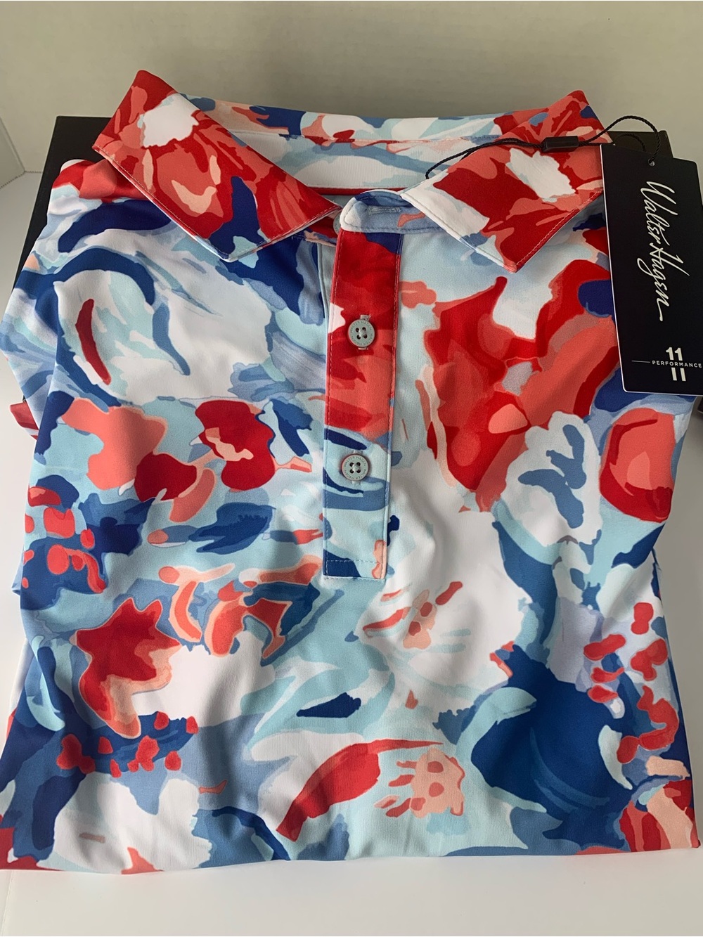 NWT Walter Hagen Mens Large P11 Polo Gouache Florals Red Blue USA 4th of July